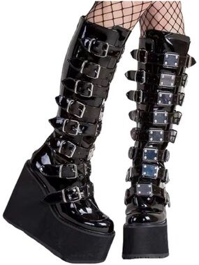 Women’s Black Patent Buckle Platform Knee-High Boots